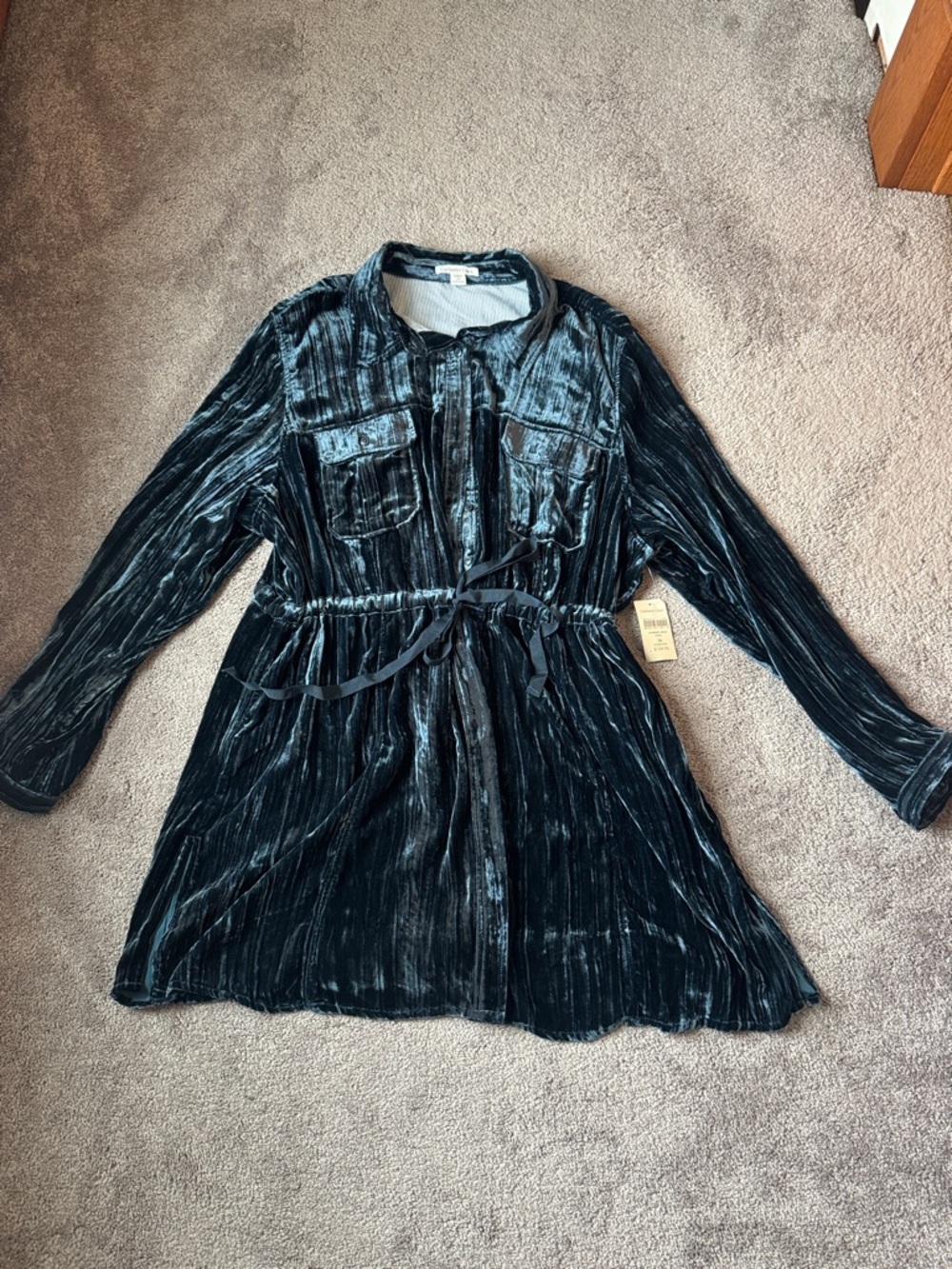 Coldwater Creek Teal Velvet Pleated Shirt Dress Tie Waist SIZE 3X NWT
